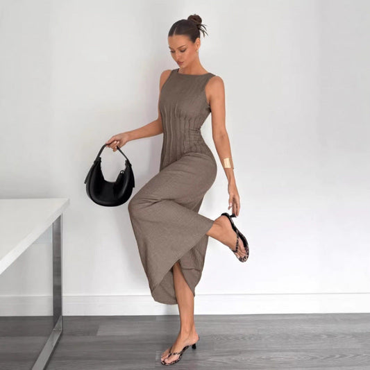Odette Elegante Effen Jurk Camel