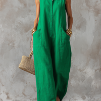 Seline | Losvallende Linnen Jumpsuit met Staande Kraag