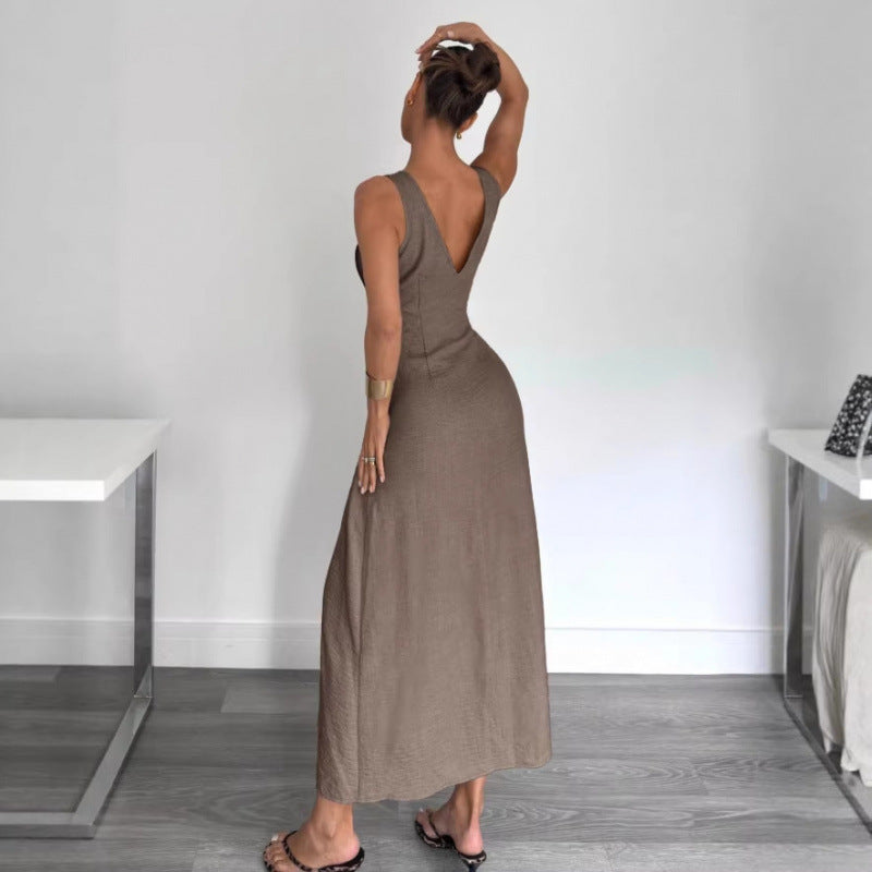 Odette Elegante Effen Jurk Camel detail 1