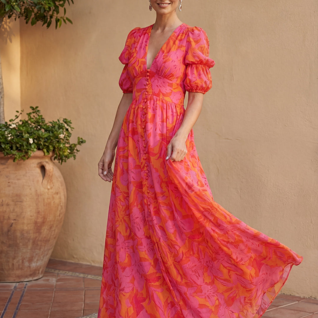 Olivia Kleurrijke Maxi-jurk - beweging