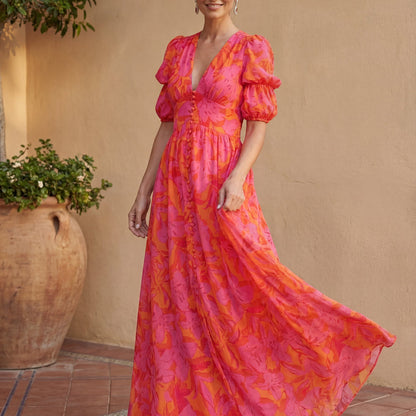 Olivia Kleurrijke Maxi-jurk - beweging