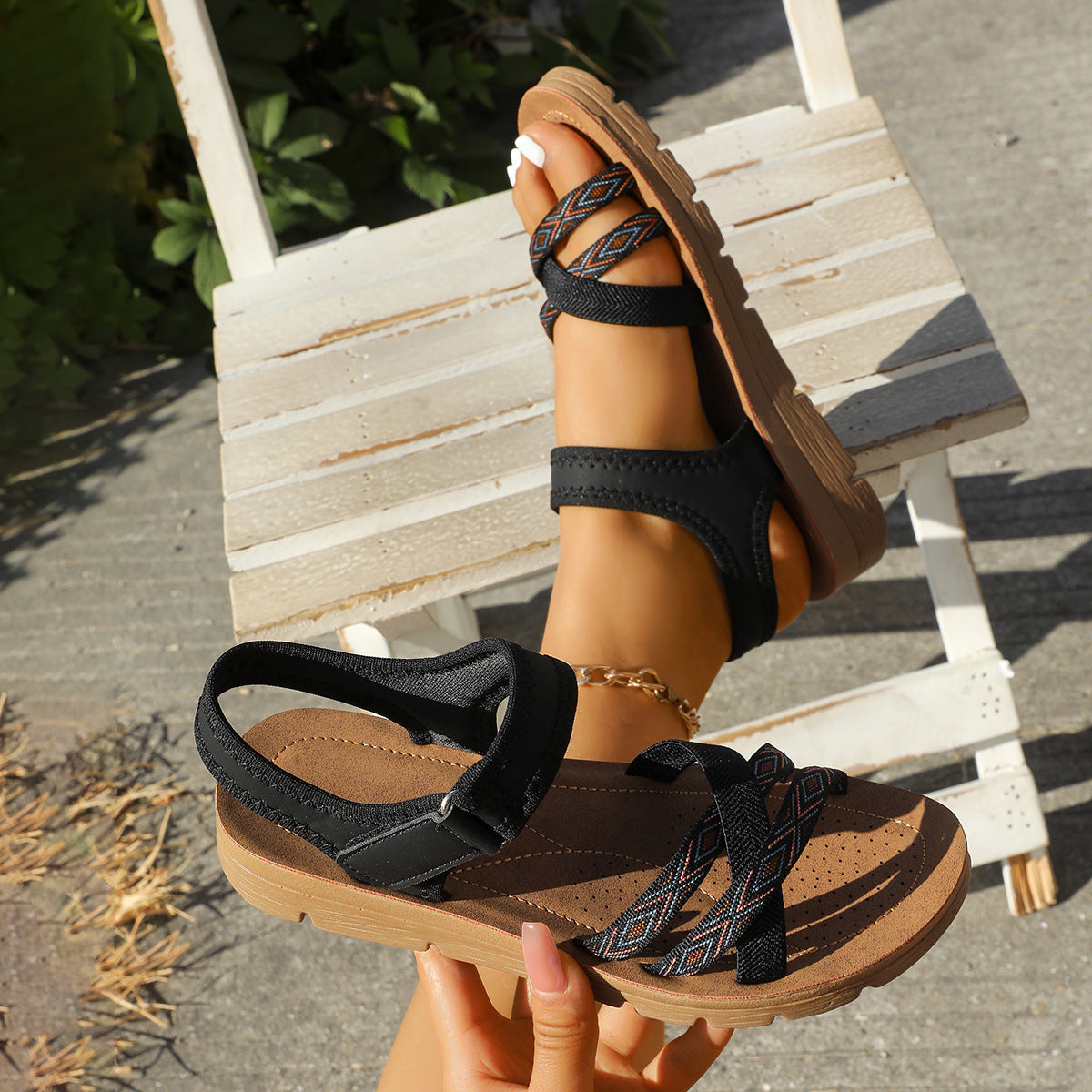 Ines Orthopedische Sandalen - Zwart (met bandjes +print)