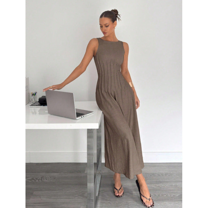 Odette Elegante Effen Jurk Camel detail 4