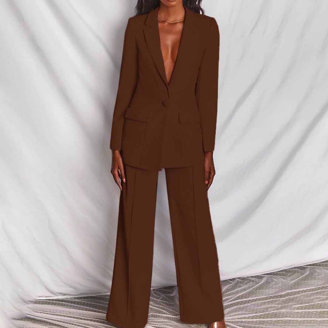 Leotine Chique Blazer & Broek Set - Koffie