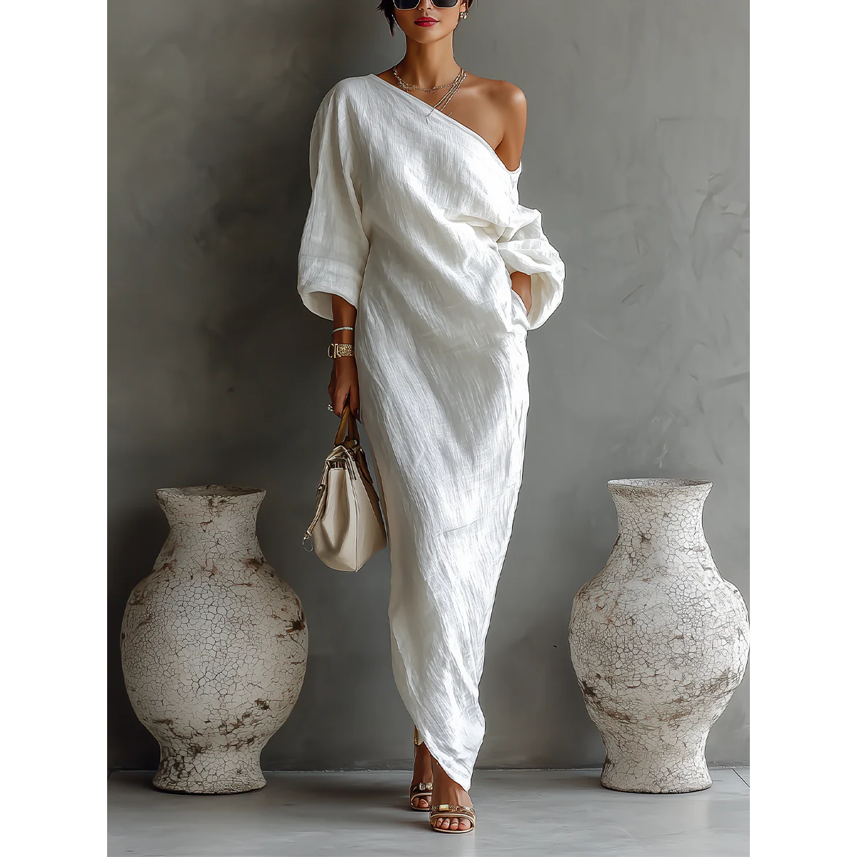 Nelle One-Shoulder Maxi Jurk Wit
