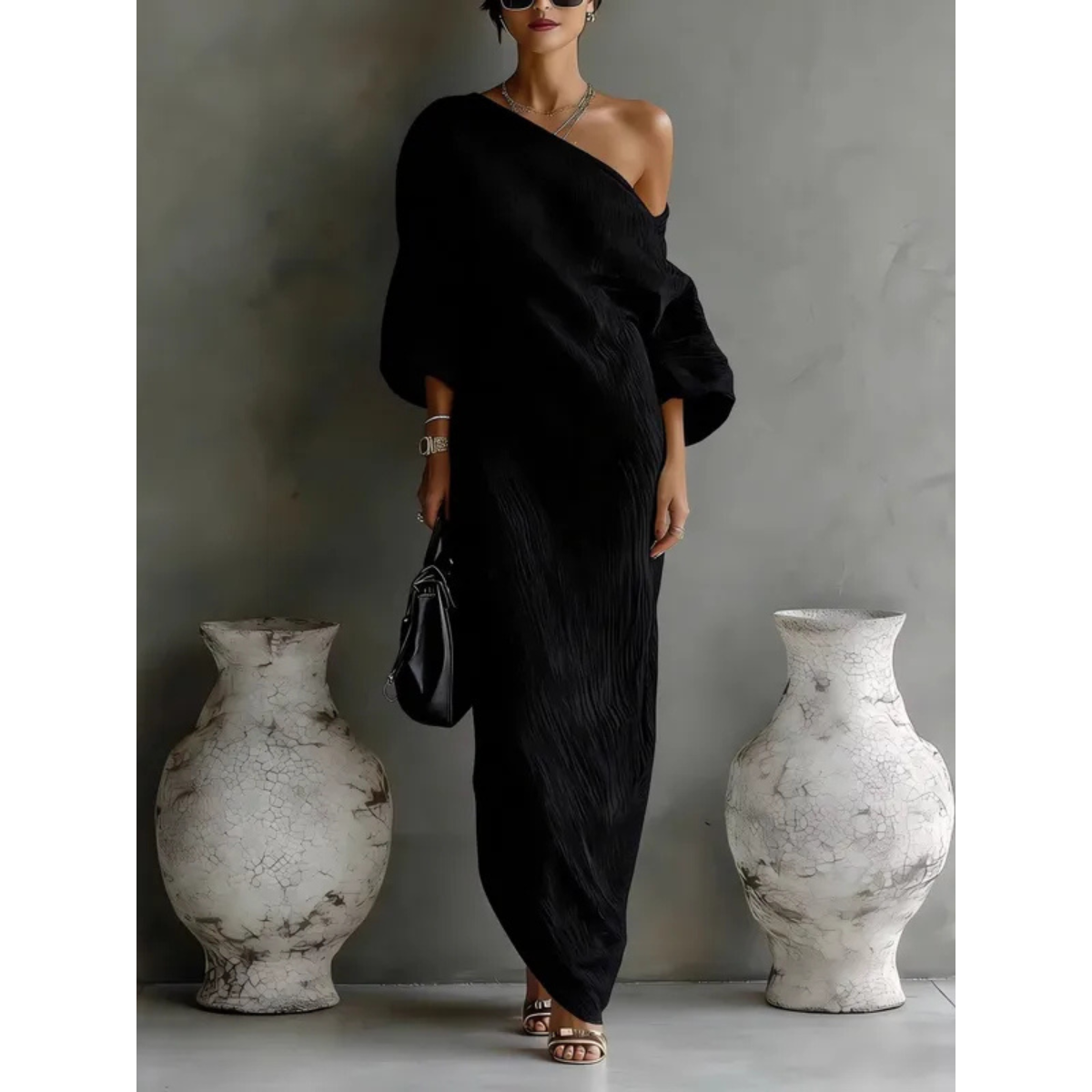 Nelle One-Shoulder Maxi Jurk Zwart